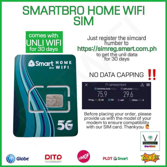 SMARTBRO HOME SIM 
FREE UNLI DATA FOR 30 DAYS
NO CAPPING!!